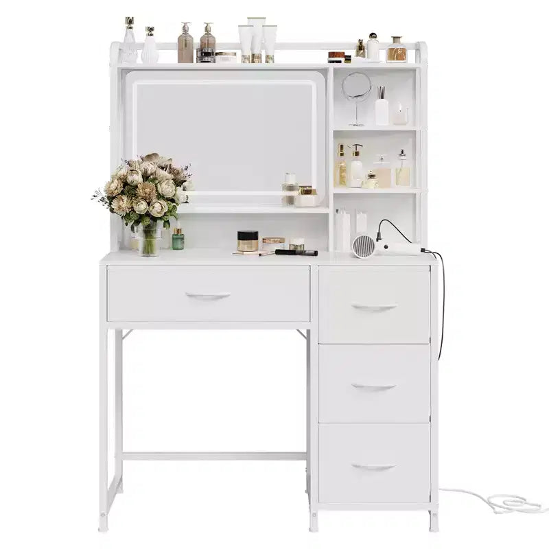 Scrivania da trucco con specchio, toletta da 35,4" con ripiani e 4 cassetti in tessuto, moderna toletta per camera da letto