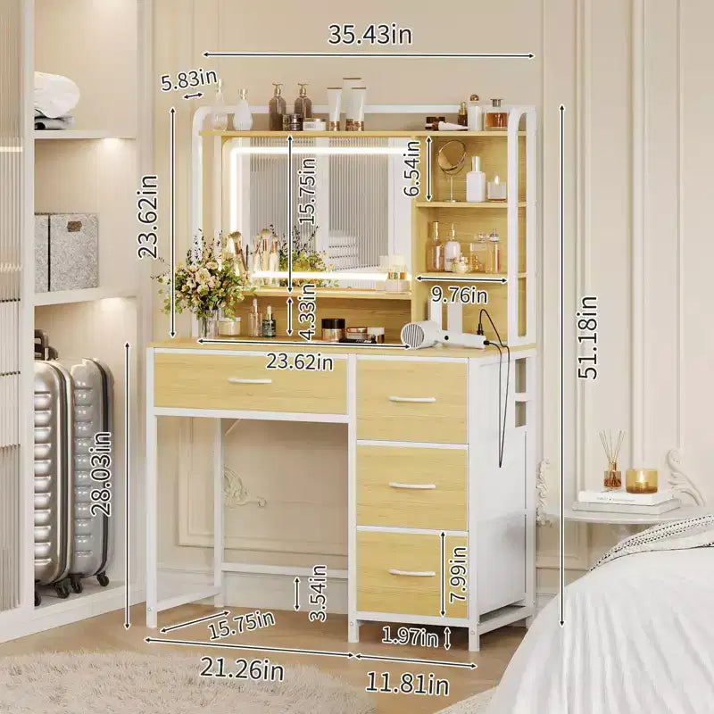 Scrivania da trucco con specchio, toletta da 35,4" con ripiani e 4 cassetti in tessuto, moderna toletta per camera da letto