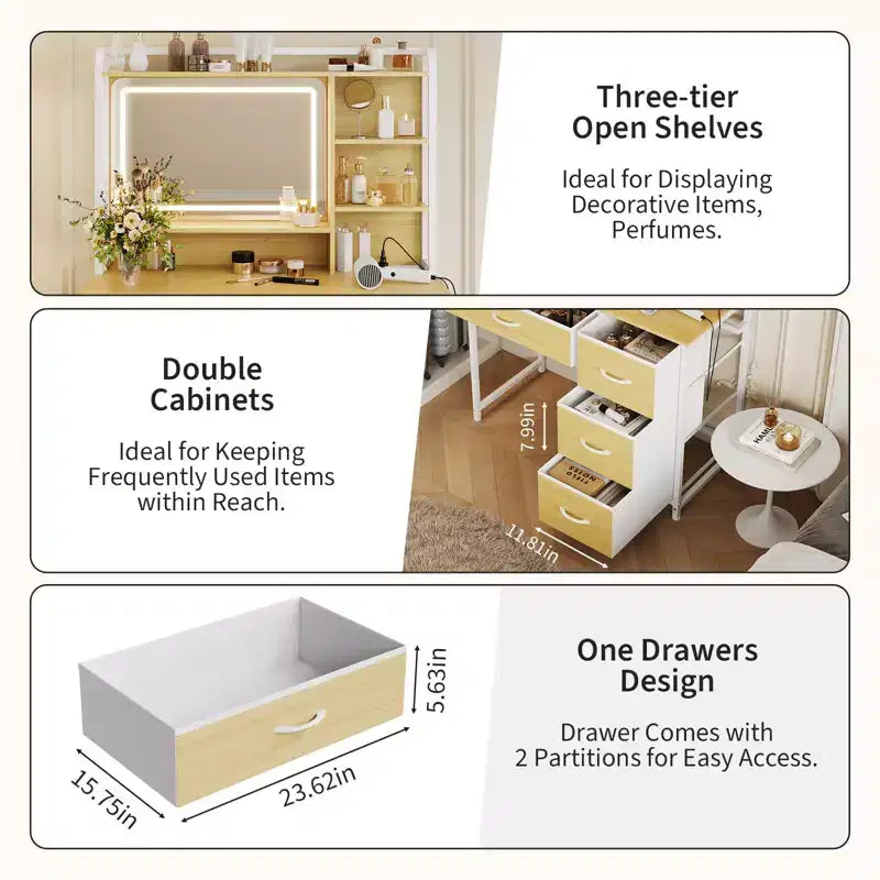 Scrivania da trucco con specchio, toletta da 35,4" con ripiani e 4 cassetti in tessuto, moderna toletta per camera da letto