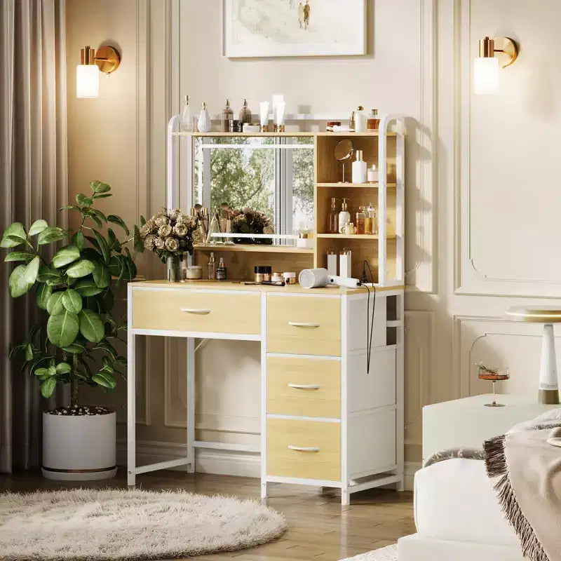 Scrivania da trucco con specchio, toletta da 35,4" con ripiani e 4 cassetti in tessuto, moderna toletta per camera da letto
