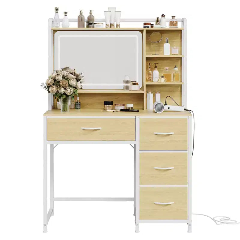 Scrivania da trucco con specchio, toletta da 35,4" con ripiani e 4 cassetti in tessuto, moderna toletta per camera da letto