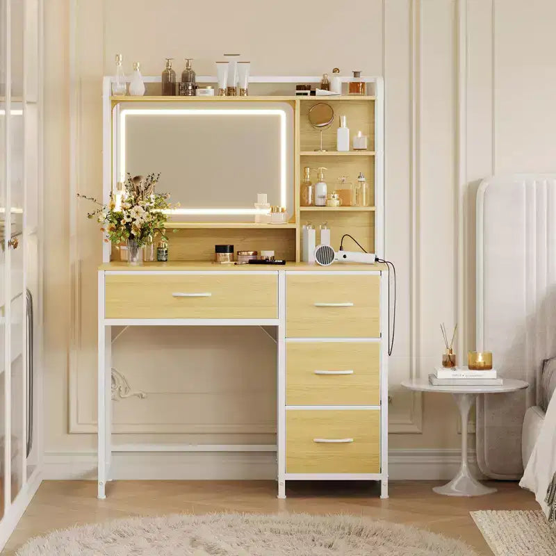  Vanity Desk with Mirror, 35.4 Makeup Vanity Table with Shelves & 4 Fabric Drawers, Modern Dressing Table for Bedroom