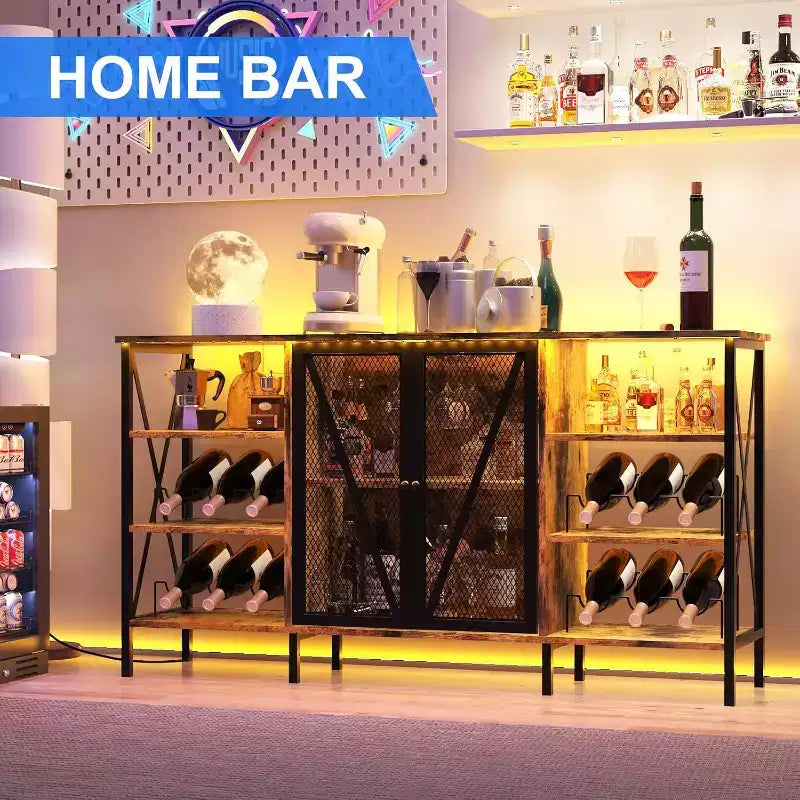 Mobile Bar 55, Moderno Armadietto per Liquori con Portabottiglie e Anta in Rete, Credenza/Buffet da Cucina per Soggiorno, Cucina, Ingresso