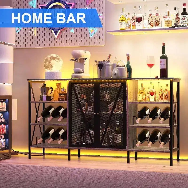 Mobile Bar 55, Moderno Armadietto per Liquori con Portabottiglie e Anta in Rete, Credenza/Buffet da Cucina per Soggiorno, Cucina, Ingresso