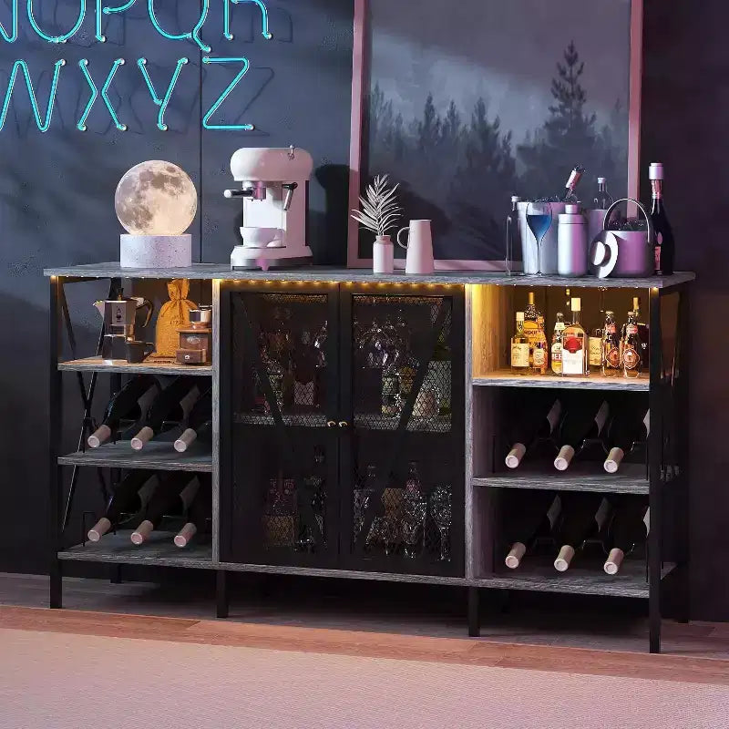 Mobile Bar 55, Moderno Armadietto per Liquori con Portabottiglie e Anta in Rete, Credenza/Buffet da Cucina per Soggiorno, Cucina, Ingresso