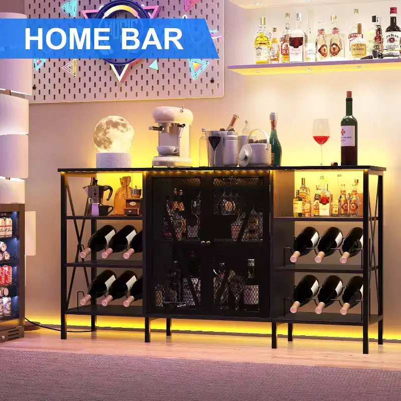 Mobile Bar 55, Moderno Armadietto per Liquori con Portabottiglie e Anta in Rete, Credenza/Buffet da Cucina per Soggiorno, Cucina, Ingresso