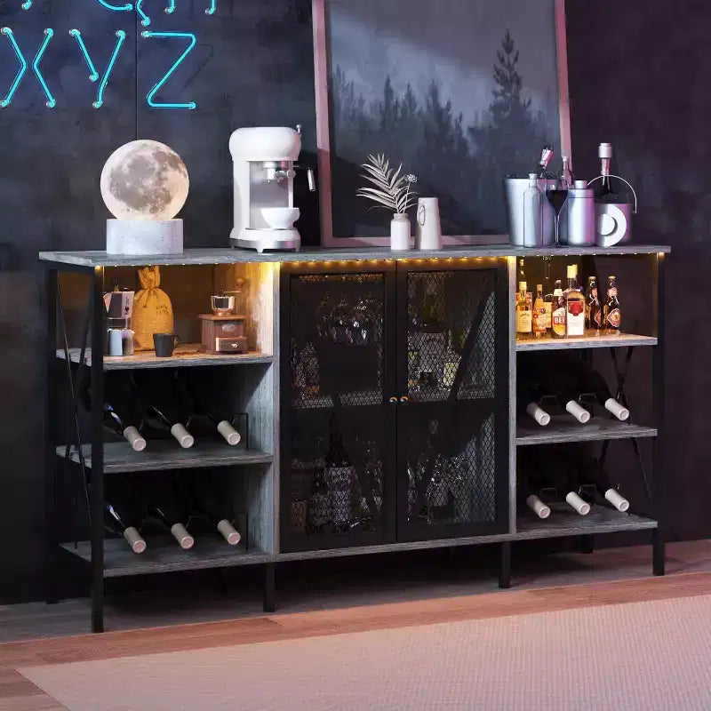 Mobile Bar 55, Moderno Armadietto per Liquori con Portabottiglie e Anta in Rete, Credenza/Buffet da Cucina per Soggiorno, Cucina, Ingresso