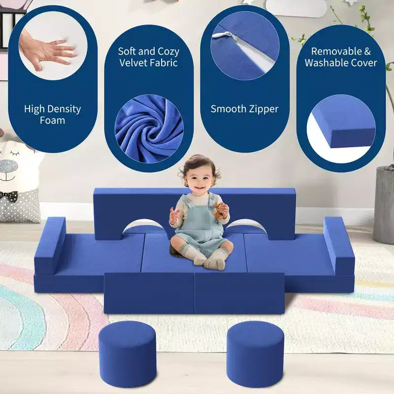 Divano modulare per bambini 13 pezzi, Playset in schiuma per arrampicata e gattonamento, Divano componibile in velluto lavabile, Sedia da pavimento convertibile per soggiorno