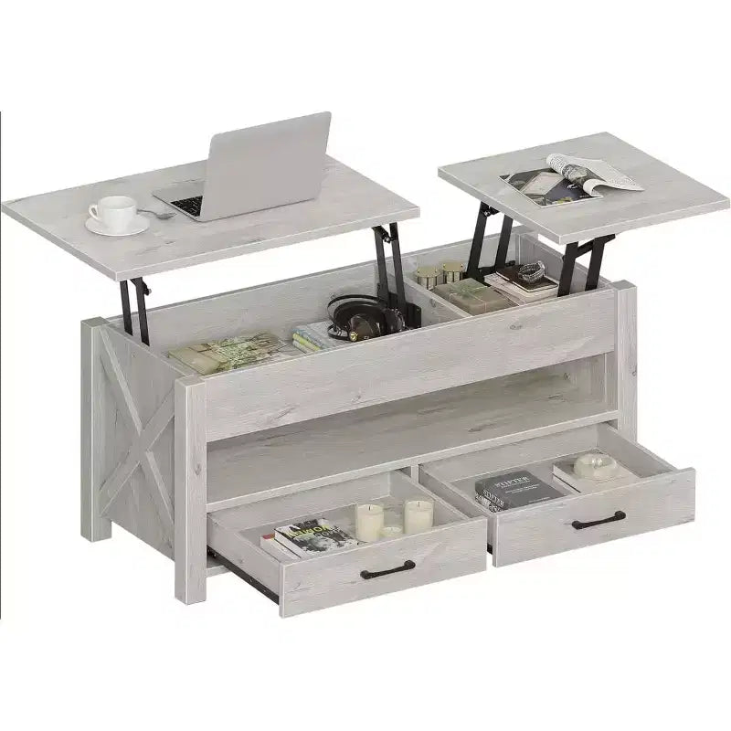Dual Lift Top Coffee Table with Spacious Storage - Rustic  Light Gray Multi-Functional Table for Living Room & Home Office