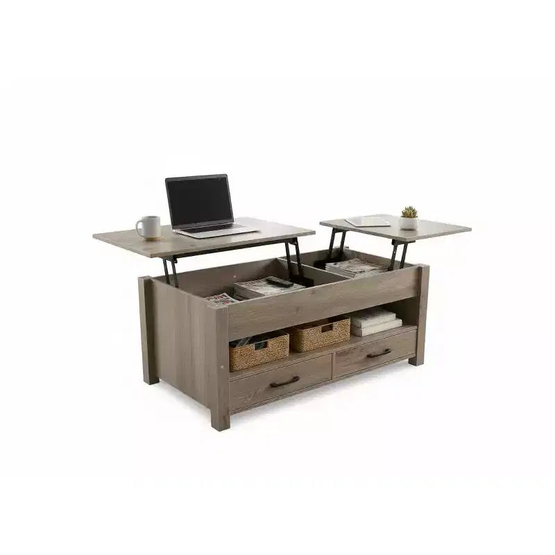 Tavolino da Caffè con Doppio Piano Sollevabile e Ampio Spazio Contenitivo - Tavolo Rustico Grigio Chiaro Multifunzionale per Soggiorno e Ufficio