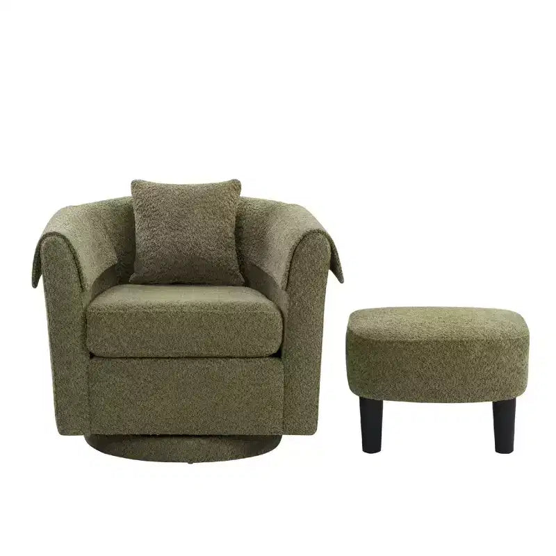 Poltrona Girevole Moderna con Pouf, Poltrona a Botte in Ciniglia con Cuscino Schienale Rimovibile e 2 Copribraccioli, Poltrona da Lettura