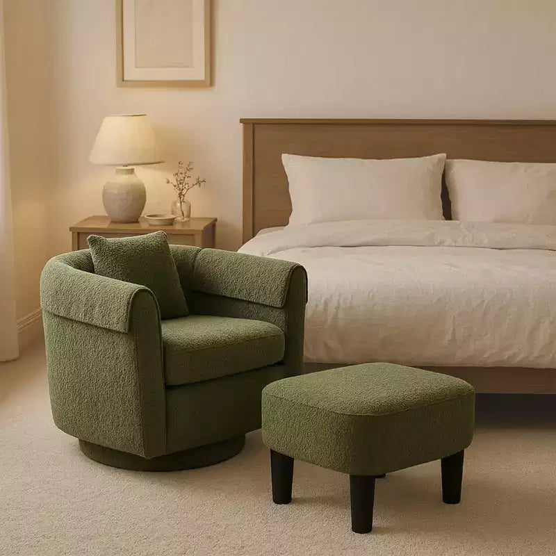 Poltrona Girevole Moderna con Pouf, Poltrona a Botte in Ciniglia con Cuscino Schienale Rimovibile e 2 Copribraccioli, Poltrona da Lettura