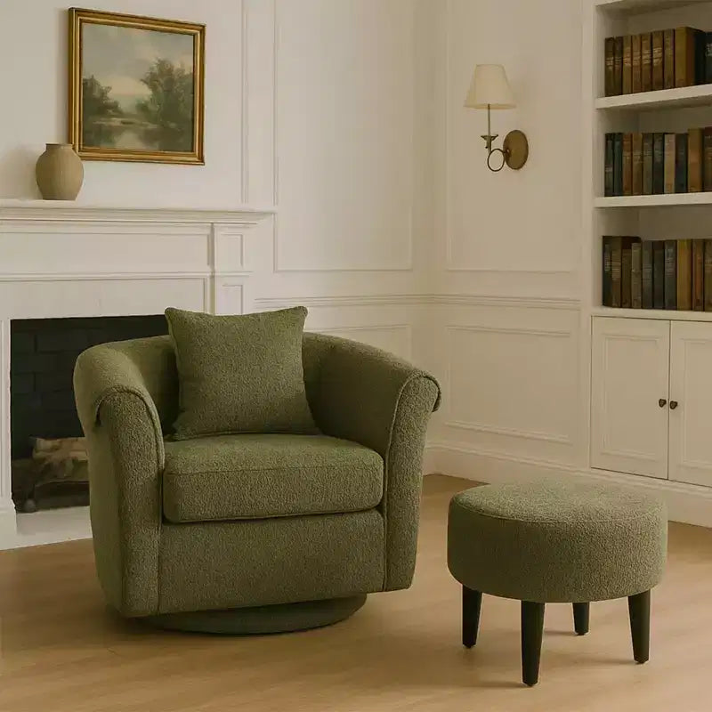 Poltrona Girevole Moderna con Pouf, Poltrona a Botte in Ciniglia con Cuscino Schienale Rimovibile e 2 Copribraccioli, Poltrona da Lettura