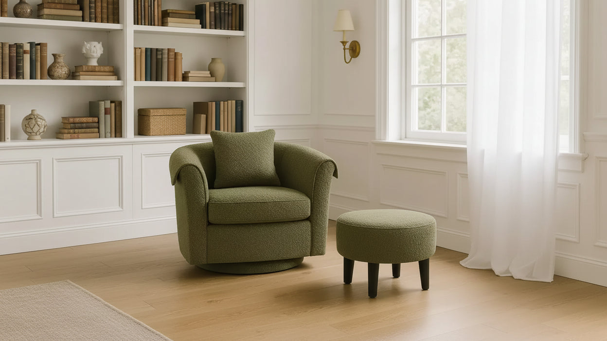 Poltrona Girevole Moderna con Pouf, Poltrona a Botte in Ciniglia con Cuscino Schienale Rimovibile e 2 Copribraccioli, Poltrona da Lettura