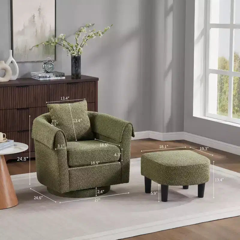 Poltrona Girevole Moderna con Pouf, Poltrona a Botte in Ciniglia con Cuscino Schienale Rimovibile e 2 Copribraccioli, Poltrona da Lettura