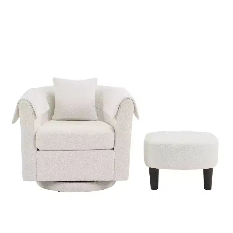Poltrona Girevole Moderna con Pouf, Poltrona a Botte in Ciniglia con Cuscino Schienale Rimovibile e 2 Copribraccioli, Poltrona da Lettura
