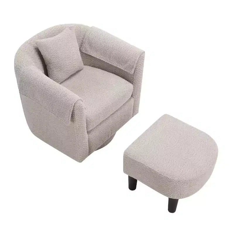Poltrona Girevole Moderna con Pouf, Poltrona a Botte in Ciniglia con Cuscino Schienale Rimovibile e 2 Copribraccioli, Poltrona da Lettura