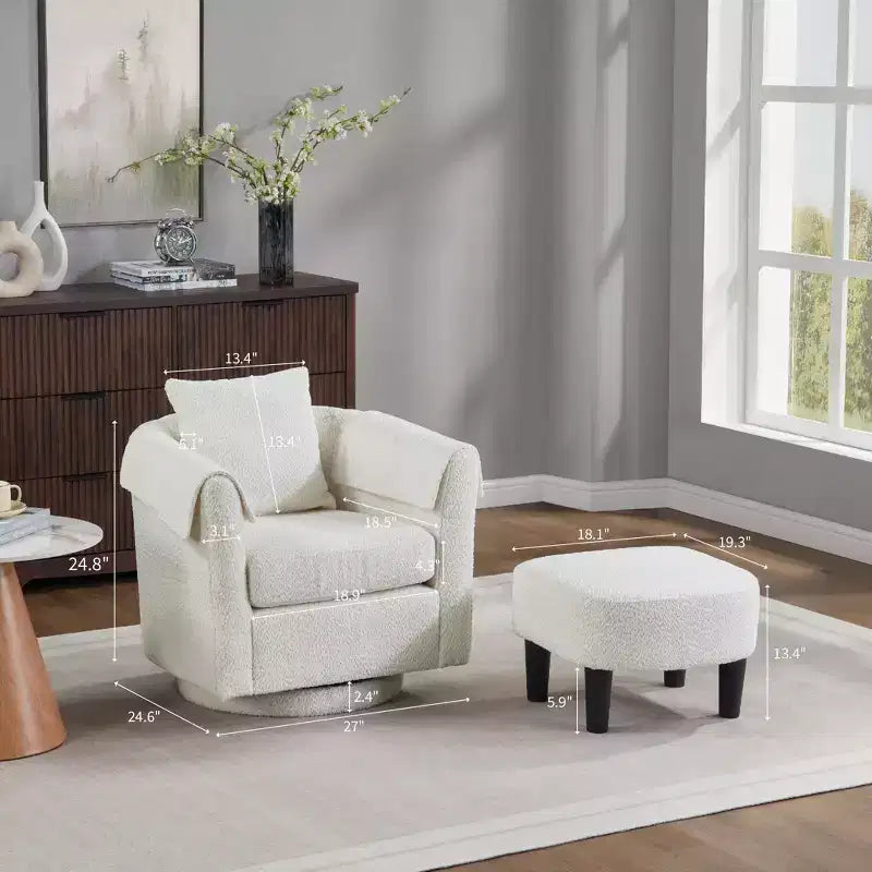 Poltrona Girevole Moderna con Pouf, Poltrona a Botte in Ciniglia con Cuscino Schienale Rimovibile e 2 Copribraccioli, Poltrona da Lettura
