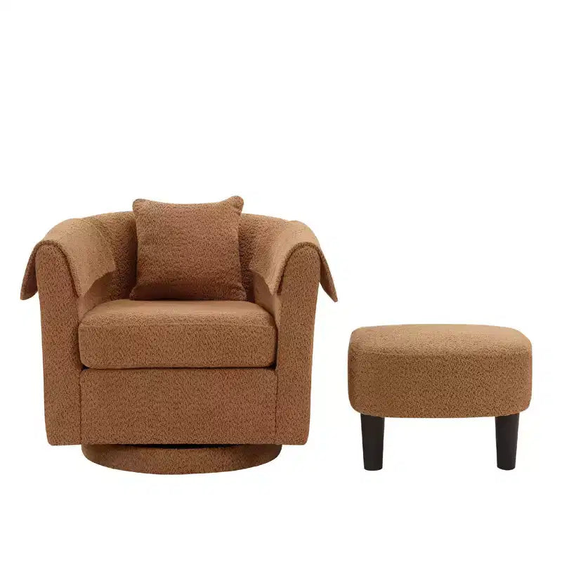 Poltrona Girevole Moderna con Pouf, Poltrona a Botte in Ciniglia con Cuscino Schienale Rimovibile e 2 Copribraccioli, Poltrona da Lettura