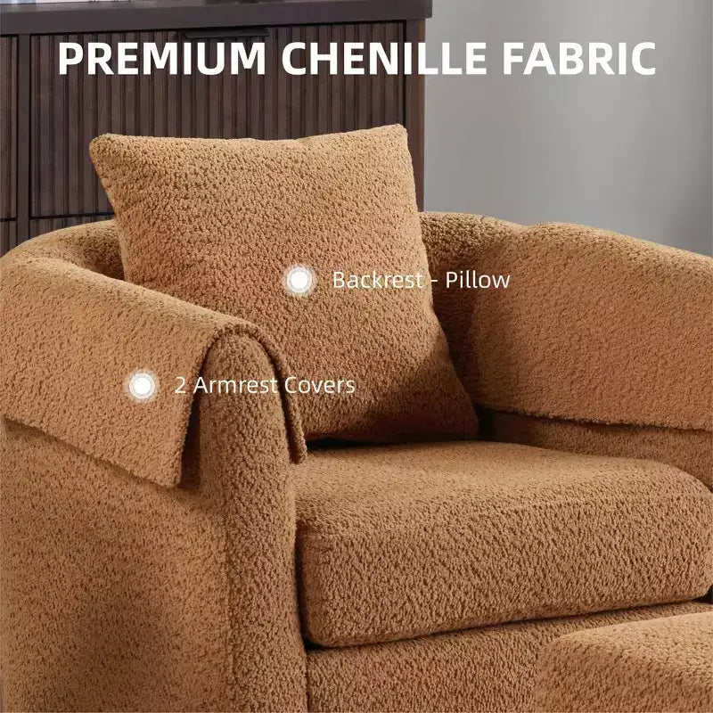 Poltrona Girevole Moderna con Pouf, Poltrona a Botte in Ciniglia con Cuscino Schienale Rimovibile e 2 Copribraccioli, Poltrona da Lettura