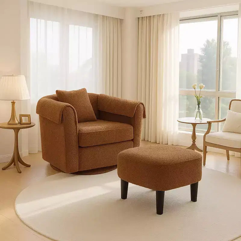 Poltrona Girevole Moderna con Pouf, Poltrona a Botte in Ciniglia con Cuscino Schienale Rimovibile e 2 Copribraccioli, Poltrona da Lettura