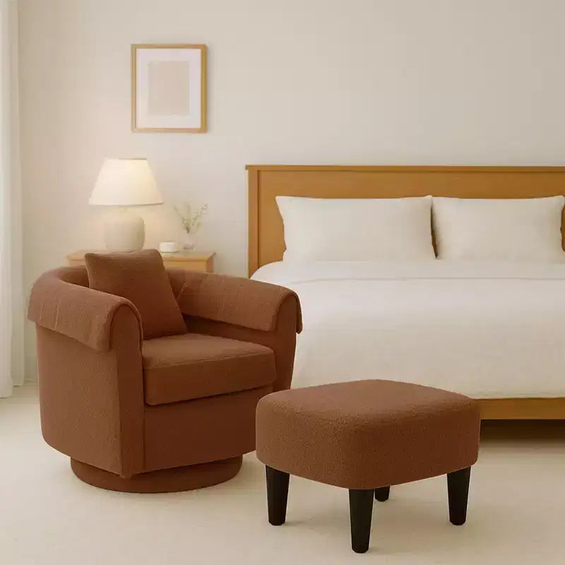 Poltrona Girevole Moderna con Pouf, Poltrona a Botte in Ciniglia con Cuscino Schienale Rimovibile e 2 Copribraccioli, Poltrona da Lettura