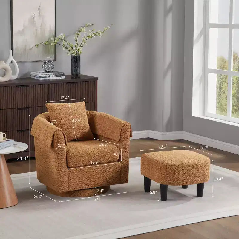 Poltrona Girevole Moderna con Pouf, Poltrona a Botte in Ciniglia con Cuscino Schienale Rimovibile e 2 Copribraccioli, Poltrona da Lettura