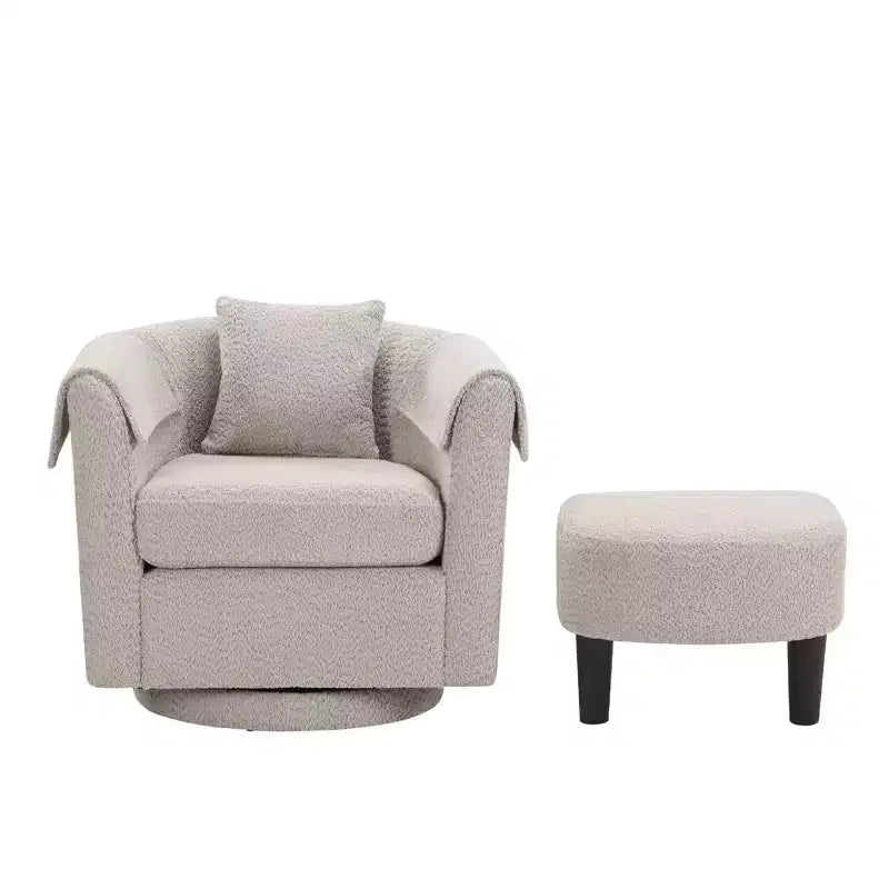 Poltrona Girevole Moderna con Pouf, Poltrona a Botte in Ciniglia con Cuscino Schienale Rimovibile e 2 Copribraccioli, Poltrona da Lettura