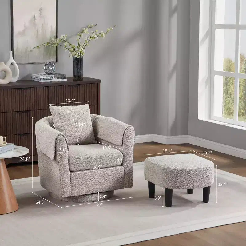 Poltrona Girevole Moderna con Pouf, Poltrona a Botte in Ciniglia con Cuscino Schienale Rimovibile e 2 Copribraccioli, Poltrona da Lettura