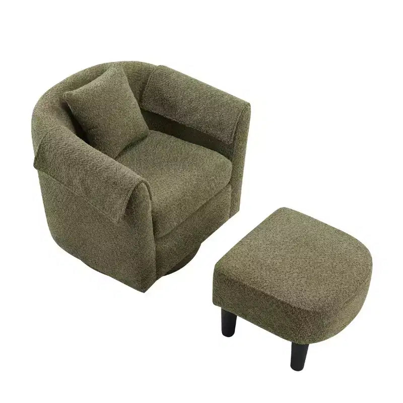 Poltrona Girevole Moderna con Pouf, Poltrona a Botte in Ciniglia con Cuscino Schienale Rimovibile e 2 Copribraccioli, Poltrona da Lettura