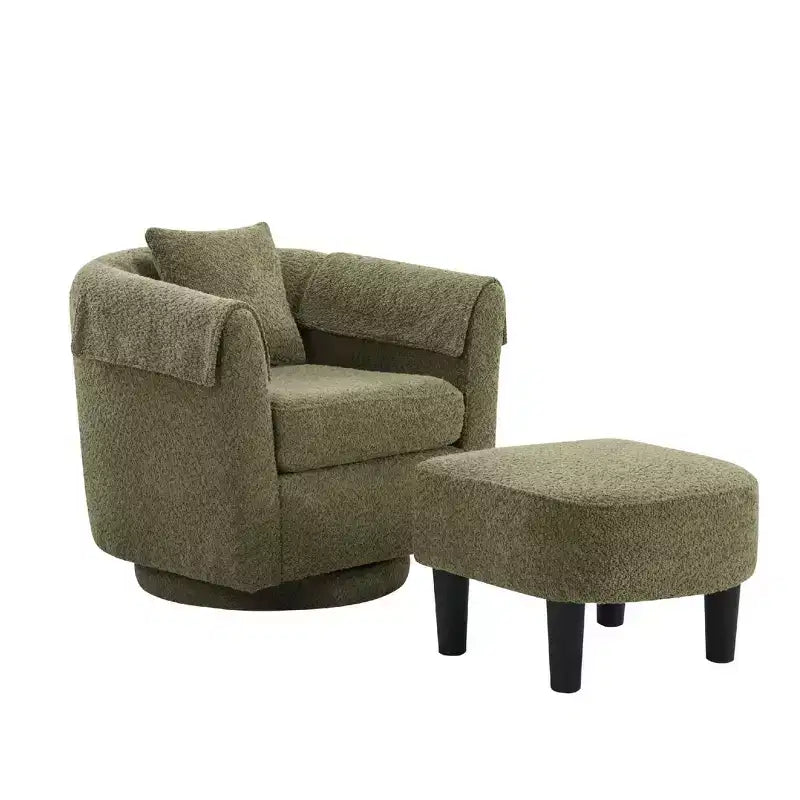 Poltrona Girevole Moderna con Pouf, Poltrona a Botte in Ciniglia con Cuscino Schienale Rimovibile e 2 Copribraccioli, Poltrona da Lettura