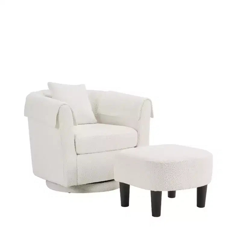 Poltrona Girevole Moderna con Pouf, Poltrona a Botte in Ciniglia con Cuscino Schienale Rimovibile e 2 Copribraccioli, Poltrona da Lettura