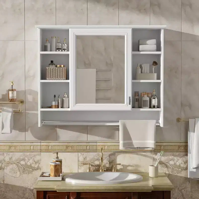 Armadietto da bagno a parete da 36 pollici, armadietto dei medicinali a parete con portasciugamani e mensole aperte, mobiletto pensile galleggiante sopra il WC per il bagno