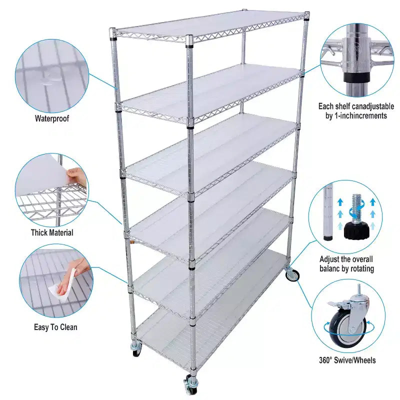 Scaffalatura in Filo Metallico NSF a 6 Livelli 6000LBS, Scaffale di Stoccaggio Regolabile Heavy Duty con Ruote e Fodere per Ripiani (Cromo)