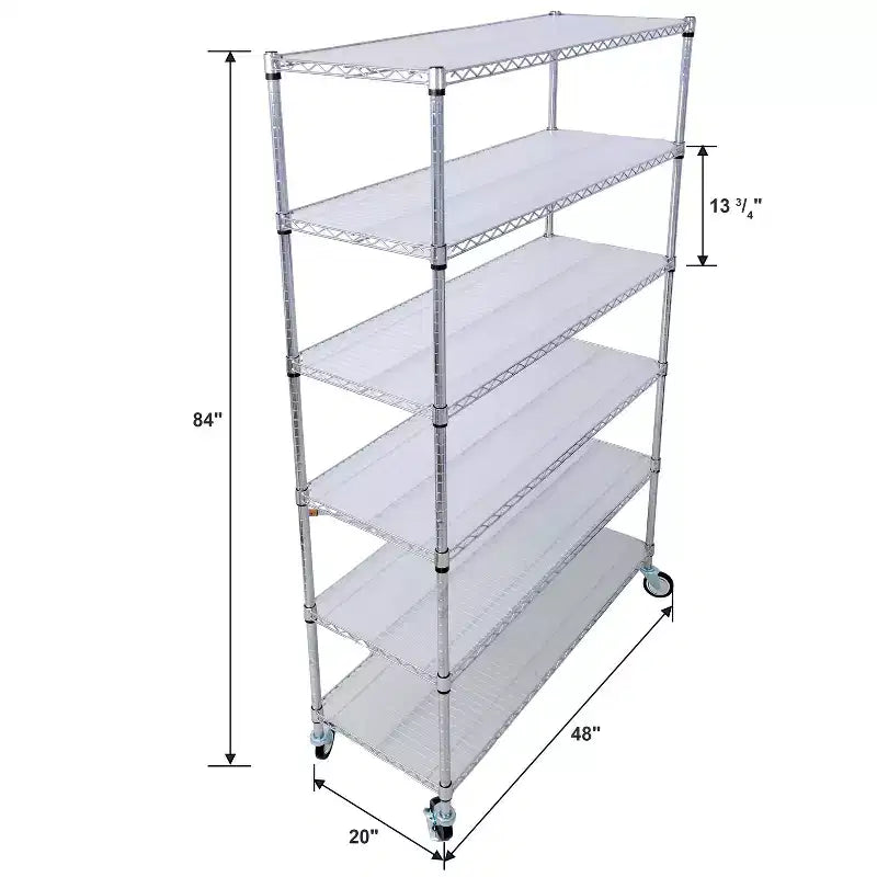 Scaffalatura in Filo Metallico NSF a 6 Livelli 6000LBS, Scaffale di Stoccaggio Regolabile Heavy Duty con Ruote e Fodere per Ripiani (Cromo)