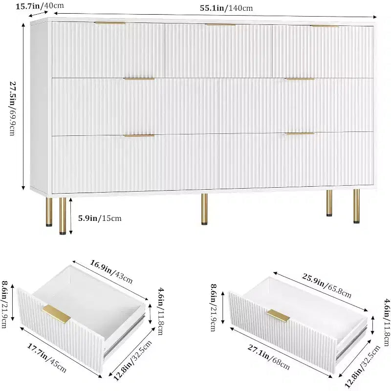 Cassettiera a 7 cassetti, larghezza 140 cm, in legno scanalato, maniglie in metallo, per camera da letto, soggiorno, corridoio