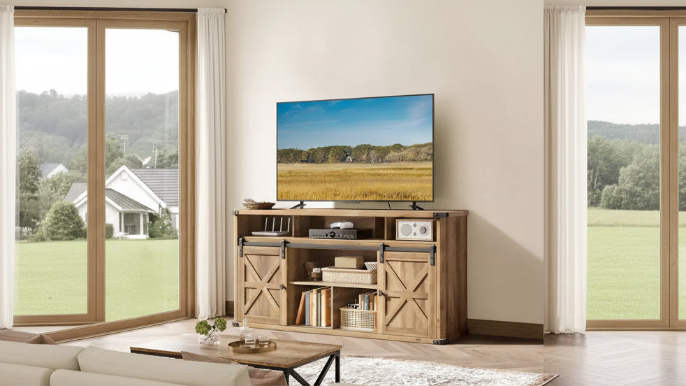  TV Stand for TVs up to 65,  TV Console, 2 Sliding Barn Doors, for Living Room