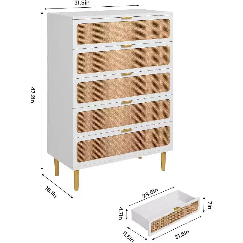 Comò a 5 cassetti in rattan per camera da letto, cassettiera con cassetti profondi, cassettone doppio grande per armadio con piano largo, cassettiera alta in legno per soggiorno