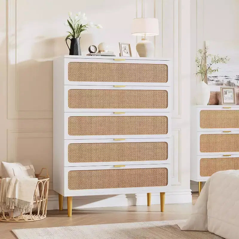 Comò a 5 cassetti in rattan per camera da letto, cassettiera con cassetti profondi, cassettone doppio grande per armadio con piano largo, cassettiera alta in legno per soggiorno