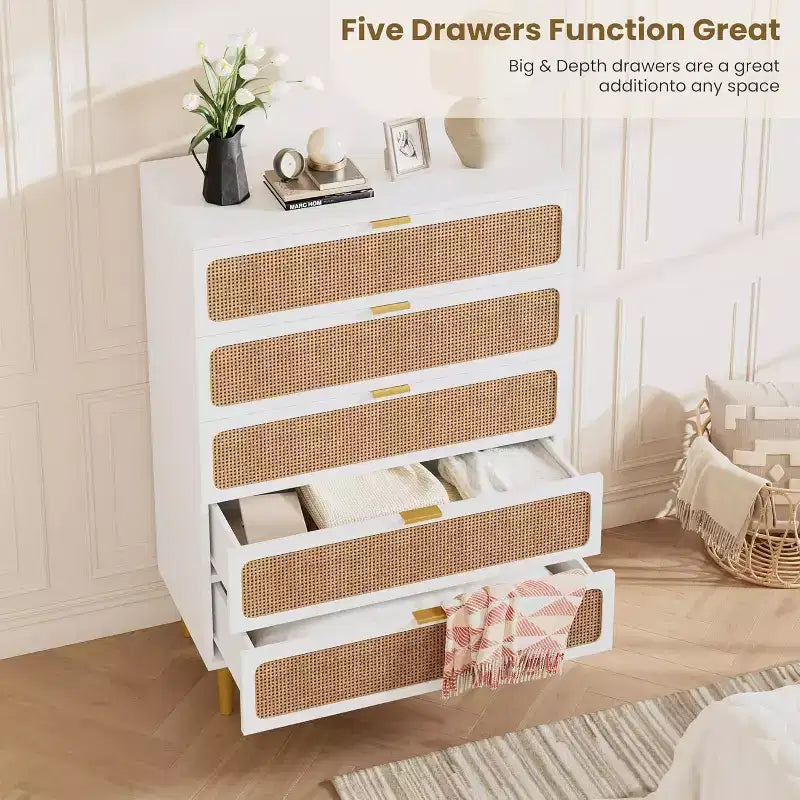 Comò a 5 cassetti in rattan per camera da letto, cassettiera con cassetti profondi, cassettone doppio grande per armadio con piano largo, cassettiera alta in legno per soggiorno