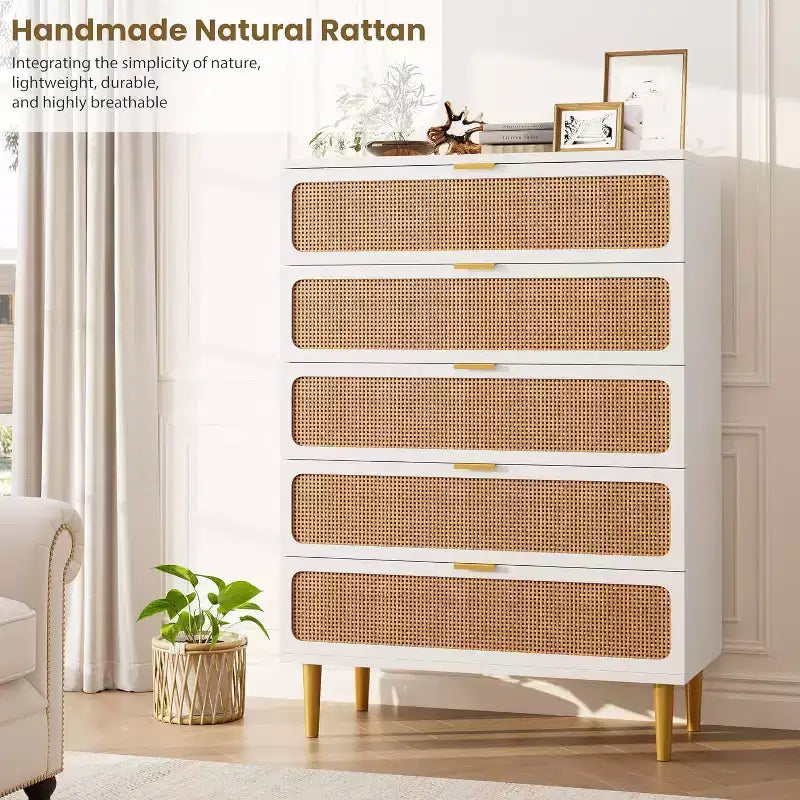 Comò a 5 cassetti in rattan per camera da letto, cassettiera con cassetti profondi, cassettone doppio grande per armadio con piano largo, cassettiera alta in legno per soggiorno