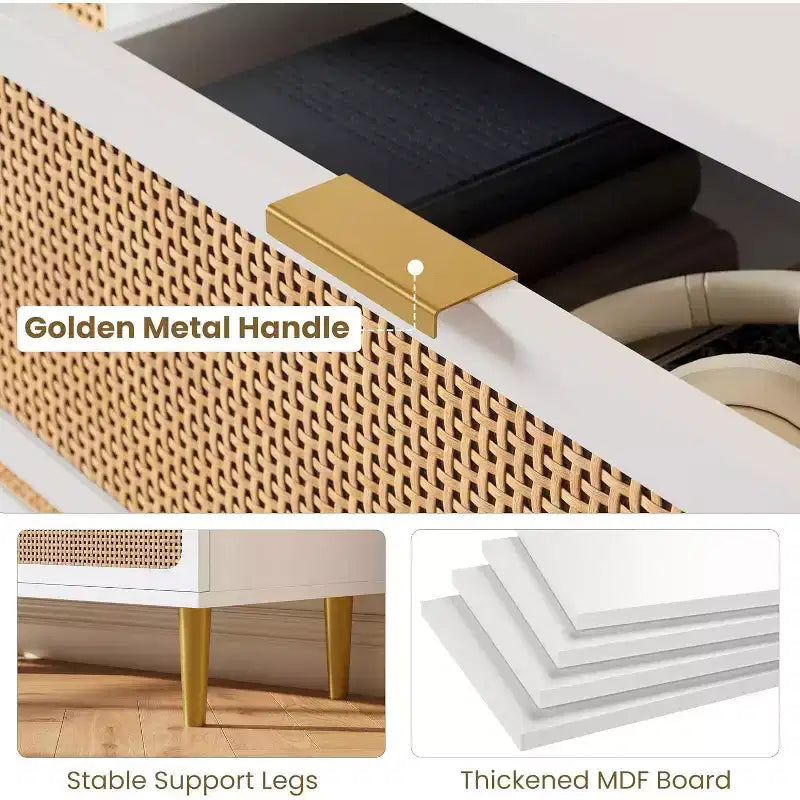 Comò a 5 cassetti in rattan per camera da letto, cassettiera con cassetti profondi, cassettone doppio grande per armadio con piano largo, cassettiera alta in legno per soggiorno