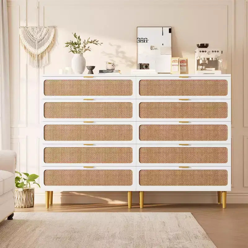 Comò a 5 cassetti in rattan per camera da letto, cassettiera con cassetti profondi, cassettone doppio grande per armadio con piano largo, cassettiera alta in legno per soggiorno