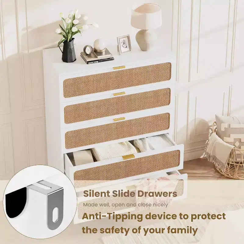 Comò a 5 cassetti in rattan per camera da letto, cassettiera con cassetti profondi, cassettone doppio grande per armadio con piano largo, cassettiera alta in legno per soggiorno