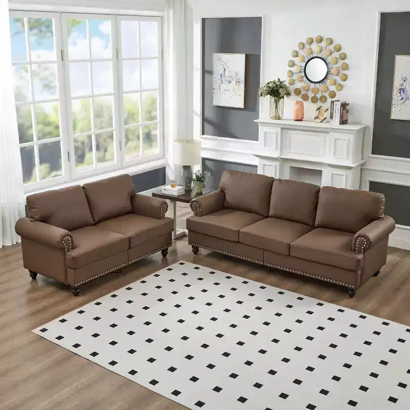  Modern Sectional Sofas Classic Design with Nails Liing Room 5 Seaters Faux Leather Upgolstered Brown