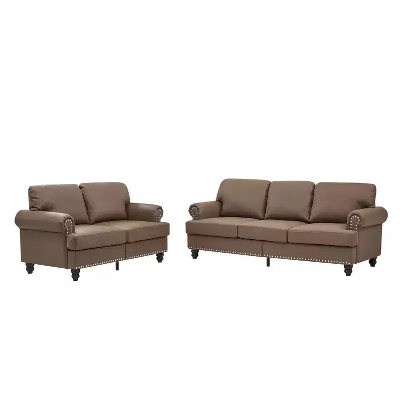 Divani componibili moderni dal design classico con finiture con borchie, divano a 5 posti in ecopelle per soggiorno, marrone