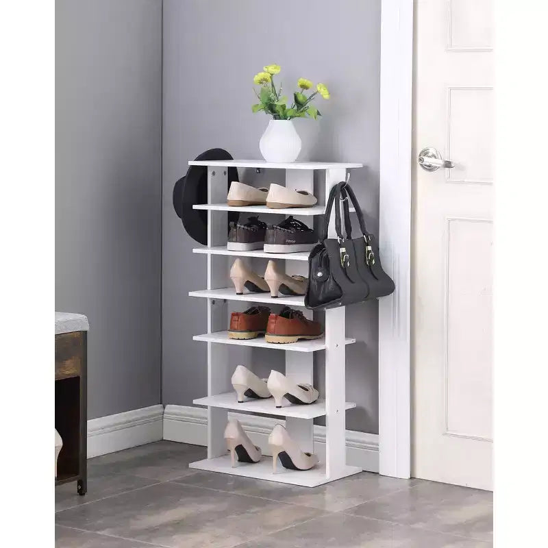  7-Tier Vertical Shoe Rack with Hooks, Multi-feature Shoe Organizer for Entryway