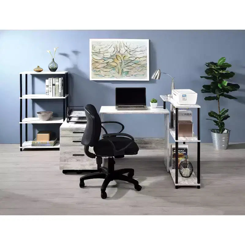 Scrivania a L, Scrivania da Studio con Ripiano Laterale Aperto, Telaio in Metallo, Scrivania Piccola con 3 Ripiani Contenitori per Ufficio Domestico, Spazio di Lavoro, Camera da Letto
