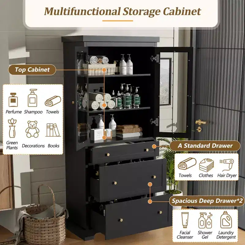 Mobiletto portaoggetti da bagno 70, armadietto da pavimento indipendente con 3 cassetti e ripiani regolabili, mobile dispensa da cucina per bagno, ufficio