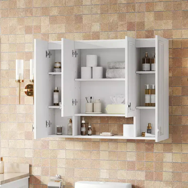 Mobiletto da Bagno Moderno con 5 Ripiani Regolabili, Armadietto a Muro, Cerniere Ammortizzate e Design a Giorno, Bianco